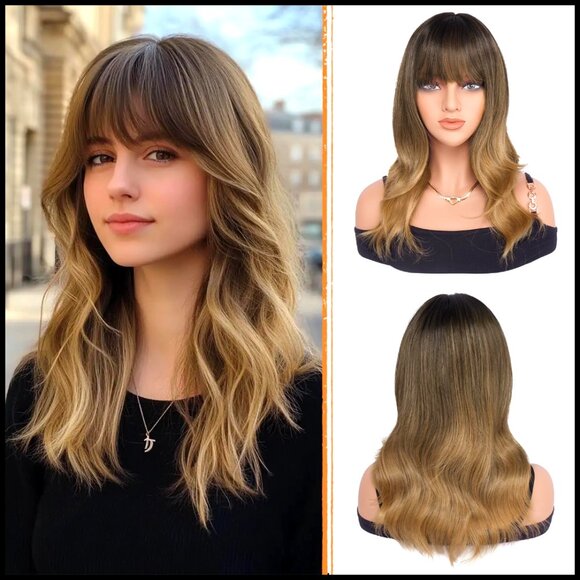 Synthetic Heat Resistant Wig with Bangs Wavy Medium Length Elegant Party Wear